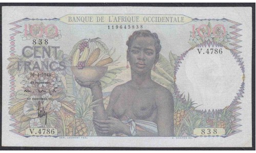 Французская Западная Африка 100 франков 1948 г. (BANQUE DE L'AFRIQUE OCCIDENTALE 100 francs 1948) Р 40: XF