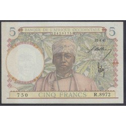 Французская Западная Африка 5 франков 27.4. 1942 г. (BANQUE DE L'AFRIQUE OCCIDENTALE 5 francs 27.4. 1942) P 25(2): UNC