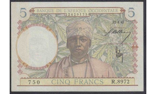 Французская Западная Африка 5 франков 27.4. 1942 г. (BANQUE DE L'AFRIQUE OCCIDENTALE 5 francs 27.4. 1942) P 25(2): UNC