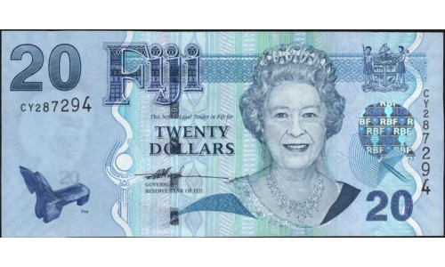 Фиджи 20 долларов 2007-2011 годов, тёмное поле слева, серии CY,DH (FIJI 20 dollars 2007-2011) P 112a : UNC