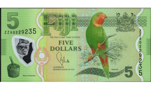 Фиджи 5 долларов 2013 года, полимер пластик, серия замещения (FIJI 5 dollars 2013, Polymer plastic, Replacement) P 115r: UNC