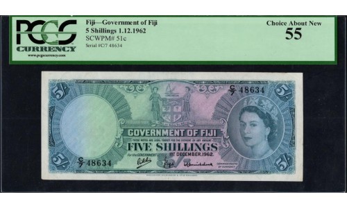 Фиджи 5 шиллингов 1962 года (FIJI  5 Shillings 1962) P 51c: aUNC PMG 55