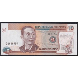 Филиппины 10 песо б\д (1985-1994 год) Супер Номер DJ 666555 (Philippines 10 piso ND (1985-1994 year)) P 169b: UNC