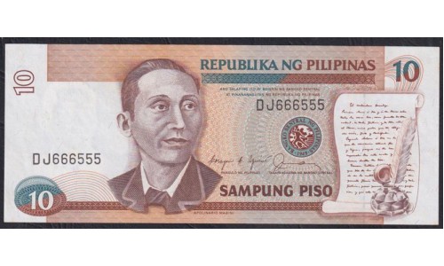 Филиппины 10 песо б\д (1985-1994 год) Супер Номер DJ 666555 (Philippines 10 piso ND (1985-1994 year)) P 169b: UNC
