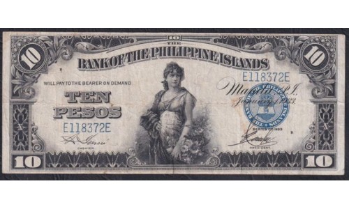 Филиппины 10 песо 01.01.1933, Банк Филиппинских Островов, НЕЧАСТАЯ (Philippines 10 pesos 01.01.1933, BANK OF THE PHILIPPINE ISLANDS) P 23: VF