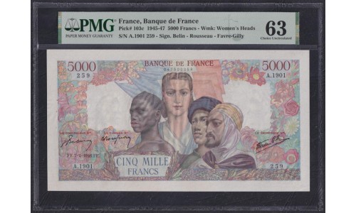 Франция  5000 Франков  7=2=1946 года (France 5000 Francs  7=2=1946) P 103c:  PMG 63 UNC