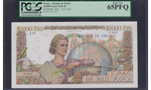 Франция  10000 Франков  4-11-1954 года (France 10000 Francs  4-11-1954) P 132d: PCGS 65 Gen New UNC PPQ