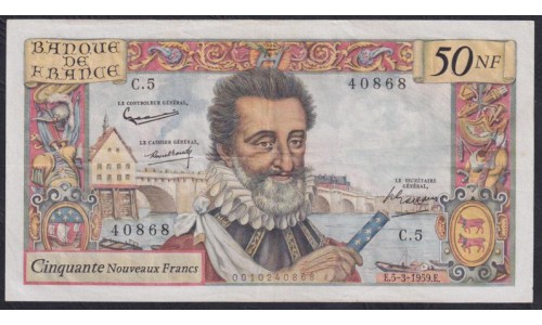 Франция 50 новых франков 5.3.1959 года (France 50 Nouveaux Francs 5.3.1959) P 143: XF+