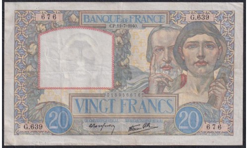Франция  20 Франков  11=7=1940 года (France 20 Francs 11=7=1940) P 92a(2): VF/XF без проколов и порывов