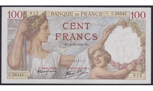Франция  100 Франков  4=12=1941 года (France 100 Francs  4=12=1941) P 94: UNC