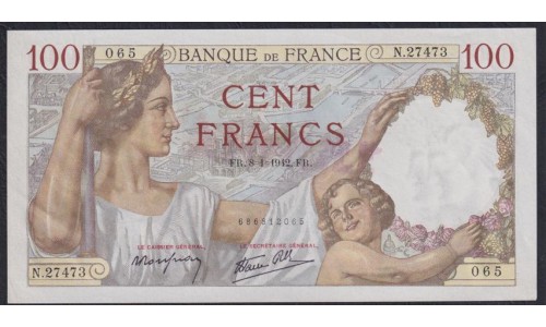 Франция  100 Франков  8=1=1942 года, штамп гашения (France 100 Francs  8=1=1942) P 94: UNC--
