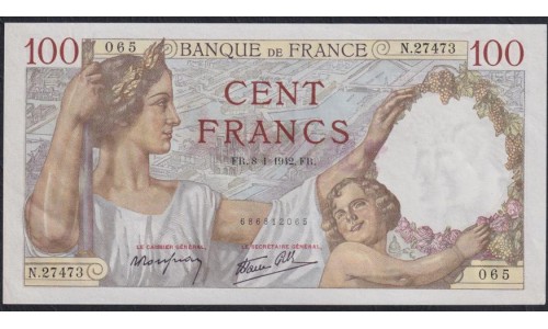 Франция  100 Франков  8=1=1942 года, штамп гашения (France 100 Francs  8=1=1942) P 94: UNC--