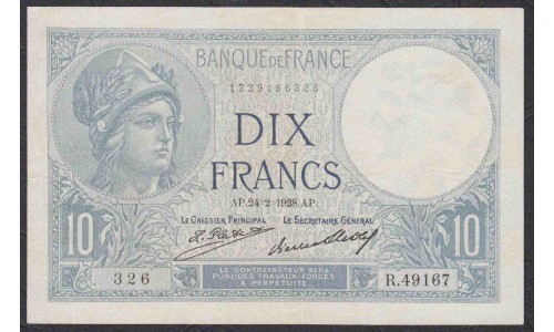 Франция  10 Франков  24=2=1928 года (France 10 Francs 24=2=1928) P 73d: VF/XF