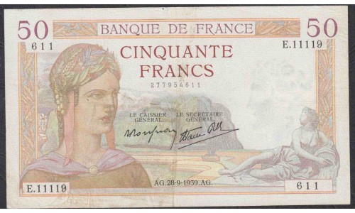 Франция  50 Франков  28=9=1939 года (France 50 Francs 28=9=1939) P 73d: VF