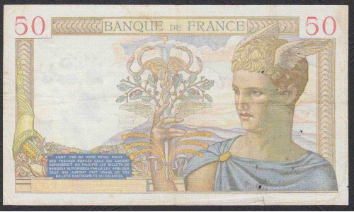 Франция  50 Франков  9=3=1939 года (France 50 Francs 9=3=1939) P 73d: VF