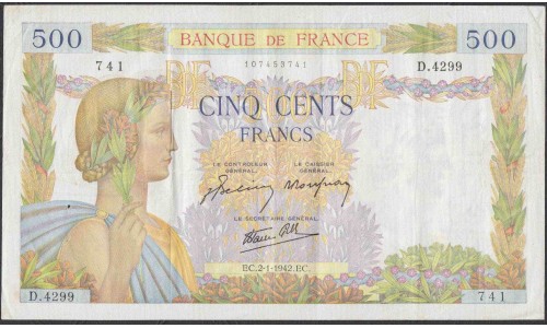 Франция  500 Франков  2=1=1942 года (France 500 Francs  2=1=1942) P 95: XF