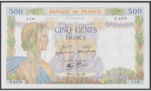 Франция  500 Франков  3=1=1942 года (France 500 Francs  3=1=1942) P 95: XF/aUNC