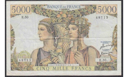 Франция  5000 Франков  5=4=1951 года (France 5000 Francs  5=4=1951) P 131b: VF