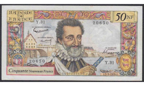 Франция 50 новых франков 3.9.1959 года (France 50 Nouveaux Francs 3.9.1959) P 143: VF+++