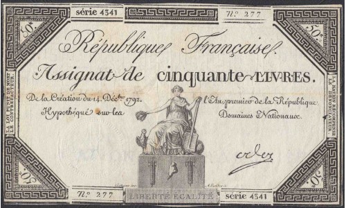 Франция ассигнация на 50 ливров 1792 года (France 50 Livres 1792) PA72: VF/XF