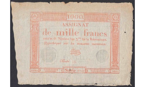 Франция ассигнация на 1000 Франков 1795 года, редкий сохран без обрезки (France 1000 Francs 1795) PA80: VF