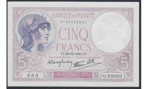 Франция  5 Франков 1940 года (France 5 Francs 1940) P 83: UNC--