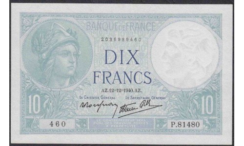 Франция  10 Франков 1940 года (France 10 Francs 1940) P 84: aUNC