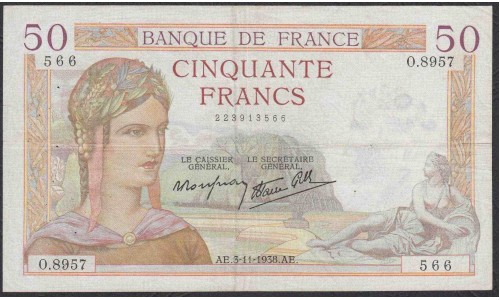 Франция  50 Франков 1938 года (France 50 Francs 1938) P 85b: VF