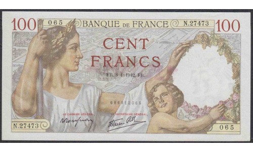 Франция  100 Франков  8=1=1942 года, штамп гашения (France 100 Francs  8=1=1942) P 94: UNC--
