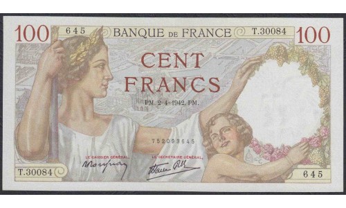 Франция  100 Франков  2=4=1942 года (France 100 Francs  2=4=1942) P 94: aUNC