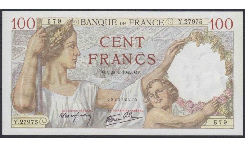 Франция  100 Франков  29=1=1942 года (France 100 Francs  29=1=1942) P 94: UNC