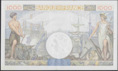 Франция  1000 Франков  19=12=1940 года (France 500 Francs  19=12=1940) P 96a: UNC-/UNC