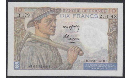 Франция  10 Франков  30=6=1949 года (France 10 Francs 30=6=1949) P 99f: aUNC