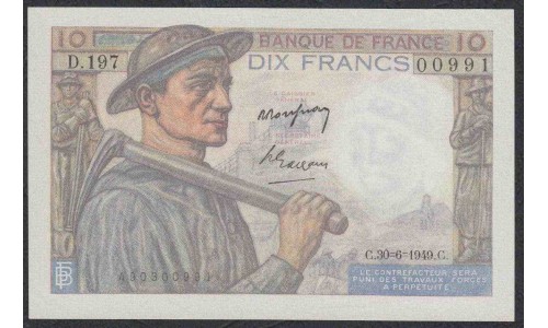 Франция  10 Франков  10=3=1949 года (France 10 Francs 10=3=1949) P 99f: UNC