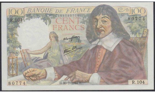 Франция  100 Франков  20=7=1944 года (France 100 Francs  20=7=1944) P 101a: UNC