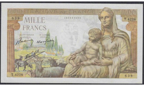 Франция  1000 Франков  18=2=1943 года (France 1000 Francs  18=2=1943) P 102: UNC--