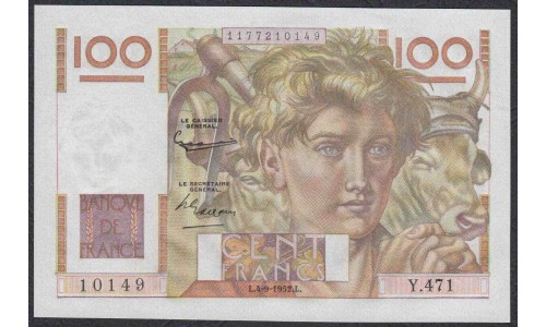 Франция  100 Франков  4-9-1952 года (France 100 Francs  4-9-1952) P 128d: UNC