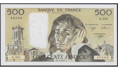 Франция  500 Франков 3-1-1991 года (France 500 Francs  3-1-1991) P 156i:  UNC