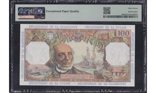 Французские Антильские Острова 100 франков 1964 год, РЕДКОСТЬ (FRENCH Antilles, Republique Francaise 100 Francs 1964)  P 10b: PMG 67 Superb Gem UNC EPQ