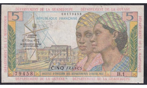 Французские Антильские Острова 5 франков 1964 год, РЕДКИЕ (FRENCH Antilles, Republique Francaise 5 Francs 1964)  P 7a: VF