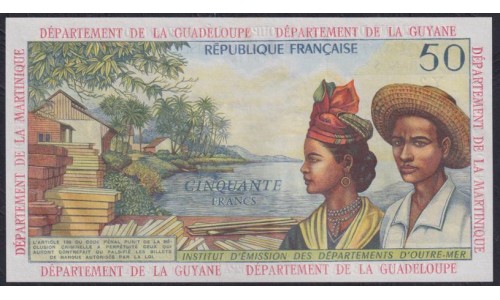 Французские Антильские Острова 50 франков 1964 год, 01463 Y.2, РАРИТЕТ (FRENCH Antilles, Republique Francaise 50 Francs 1964)  P 9b: UNC