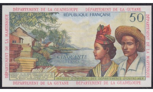 Французские Антильские Острова 50 франков 1964 год, РАРИТЕТ (FRENCH Antilles, Republique Francaise 50 Francs 1964)  P 9b: aUNC/UNC. Есть еле заметный след от скрепки.
