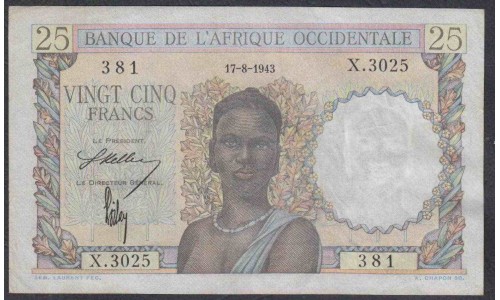 Французская Западная Африка 25 франков 1943 г. (BANQUE DE L'AFRIQUE OCCIDENTALE 25 francs 1943) Р 38: XF