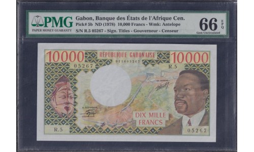 Габон 10000 франков 1974-1978 год, РЕДКИЕ, Реже чем P-5a (Gabonaise 10000 francs 1974-1978) P 5b: PMG 66 Gem UNC EPQ