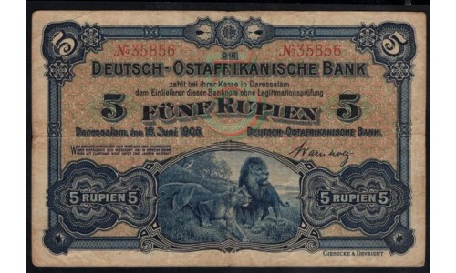 Германия, Африка 5 рупий 15.06.1905 года Восточноафриканского Банка (GERMAN EAST AFRICA 5 Rupien Deutsch-Ostafrikanische Bank 15.06.1905) P 1: VF++