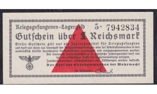 Германия, лагерные деньги 1 Рейхcмарка 1939/45 год, 5. 7942834 (1 Reichsmark Lagergeld 1939/45, RAR) Ro 518: UNC