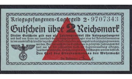 Германия, лагерные деньги 2 Рейхcмарки 1939/45 год, 2.9707343, Тёмно-голубой цвет ( 2 Reichsmark Lagergeld 1939/45, RAR) Ro 519: UNC