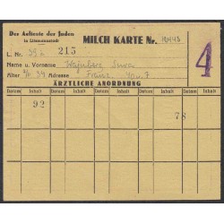 Еврейское Гетто Литцманнштадт город Лодзь, Польша, молочная карточка на 4 годовалого ребёнка  (MILCH KARTE, Poland, Litzmannstadt Ghetto) 