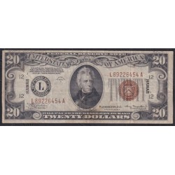 Гавайи 20 долларов США 1934А(1942) года, нечастые (20 Dollar 1934A (1942) Federal Reserve Bank - L (San Francisco Branch) - brown seal Overprint "Hawaii") P 41(2): VF