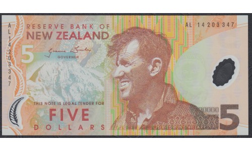 Новая Зеландия 5 долларов 1999-2014 год, полимер пластик (New Zealand 5 dollars 1999-2014, Polymer plastic) P 185c: UNC